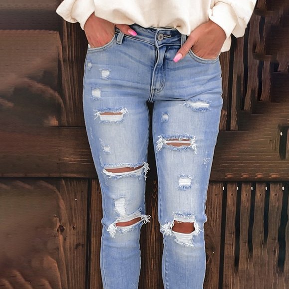 Denim - *REDUCED PRICE" Light Blue Washed Ripped Jeans